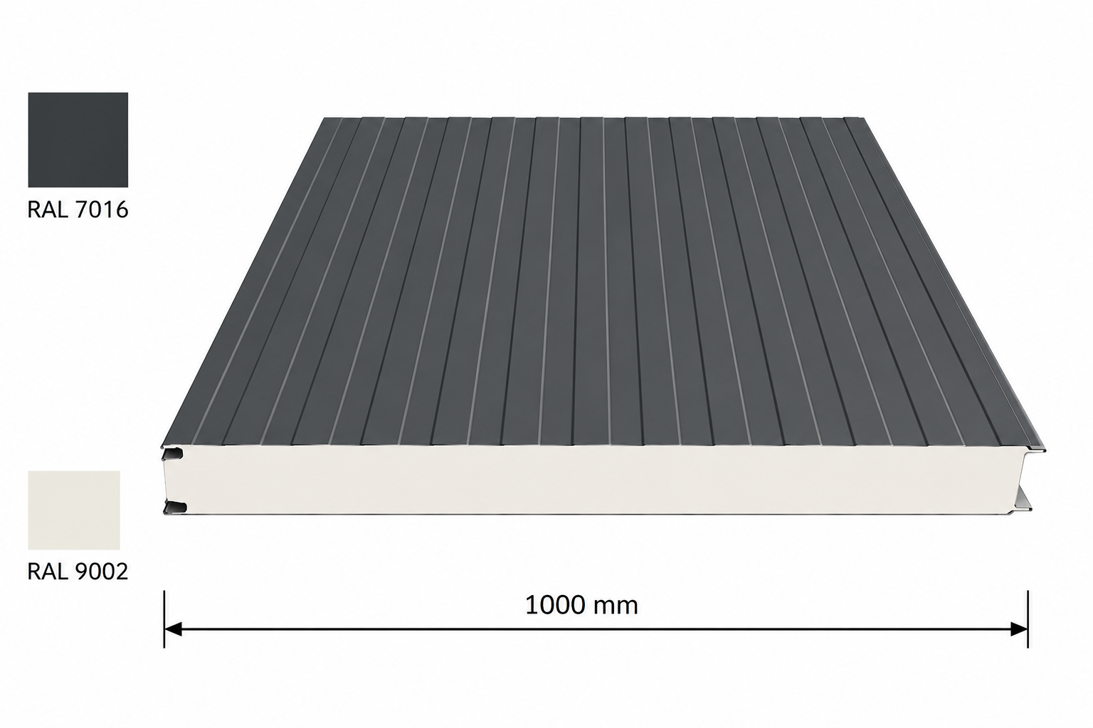 Panneaux sandwich 060 industriels, longueur 3500 mm, nervuré RAL 7016/9002